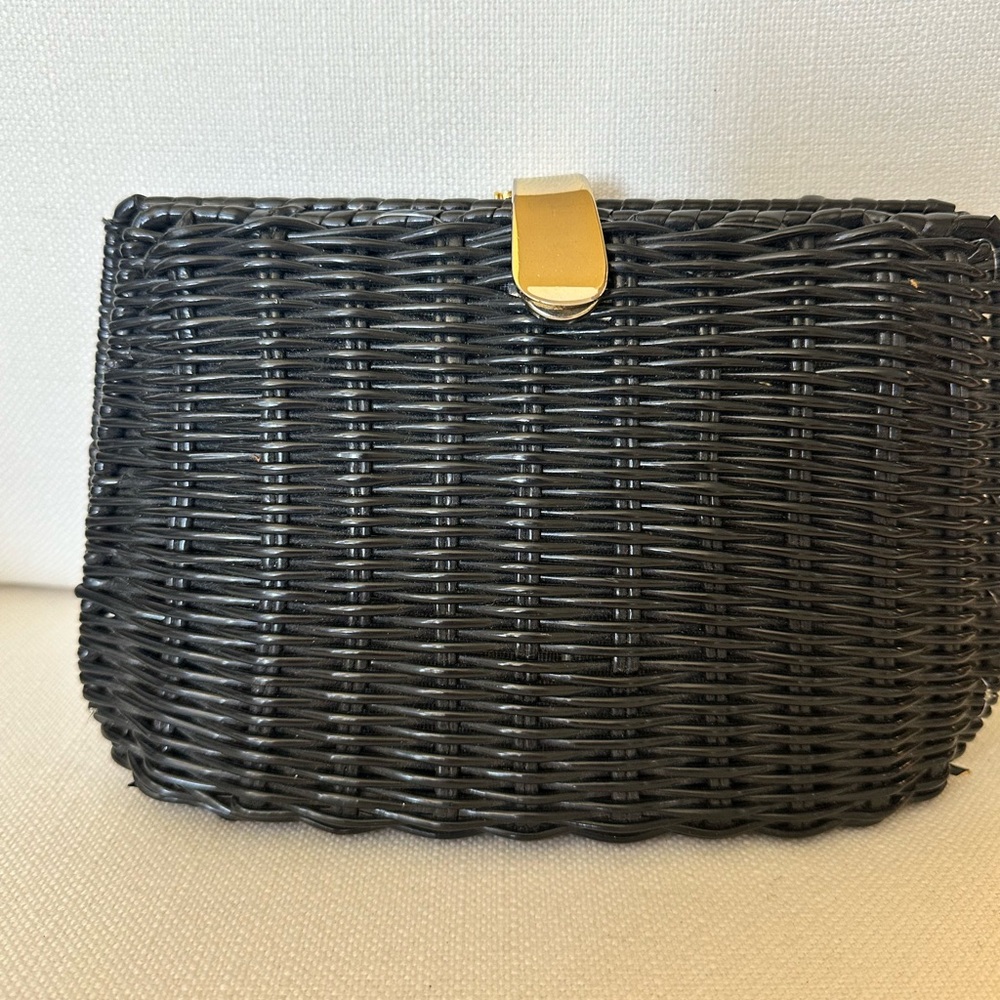 VINTAGE BLACK WICKER CLUTCH WITH GOLD HARDWARE